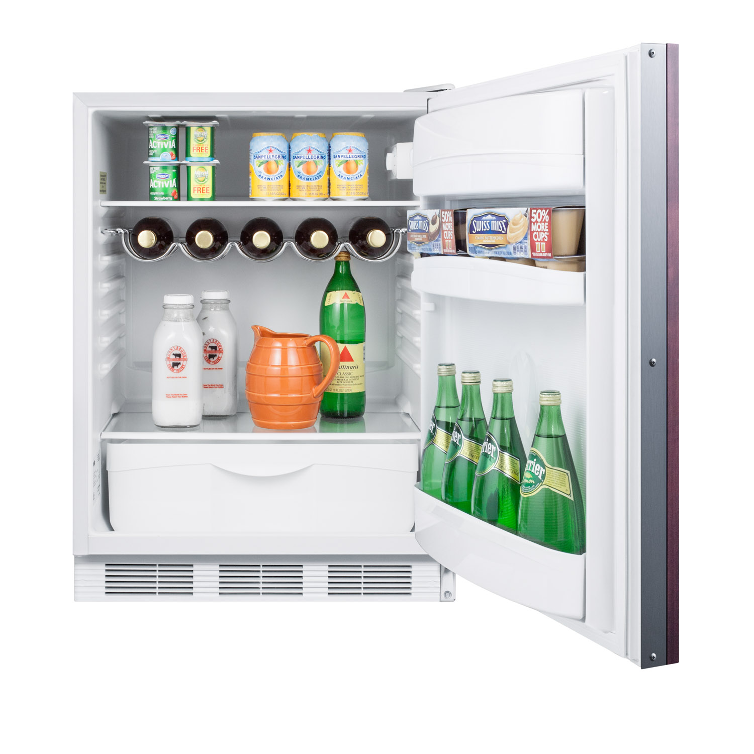 Built-in undercounter auto defrost all-refrigerator for residential use with a customizable door front to accept overlay panels and white cabinet finish